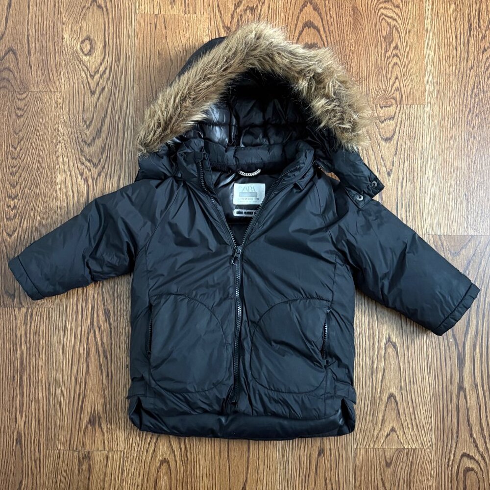 Zara Unisex Down Puffer Jacket Black w/ Zipper and Removable Fur Hood 18-24mo